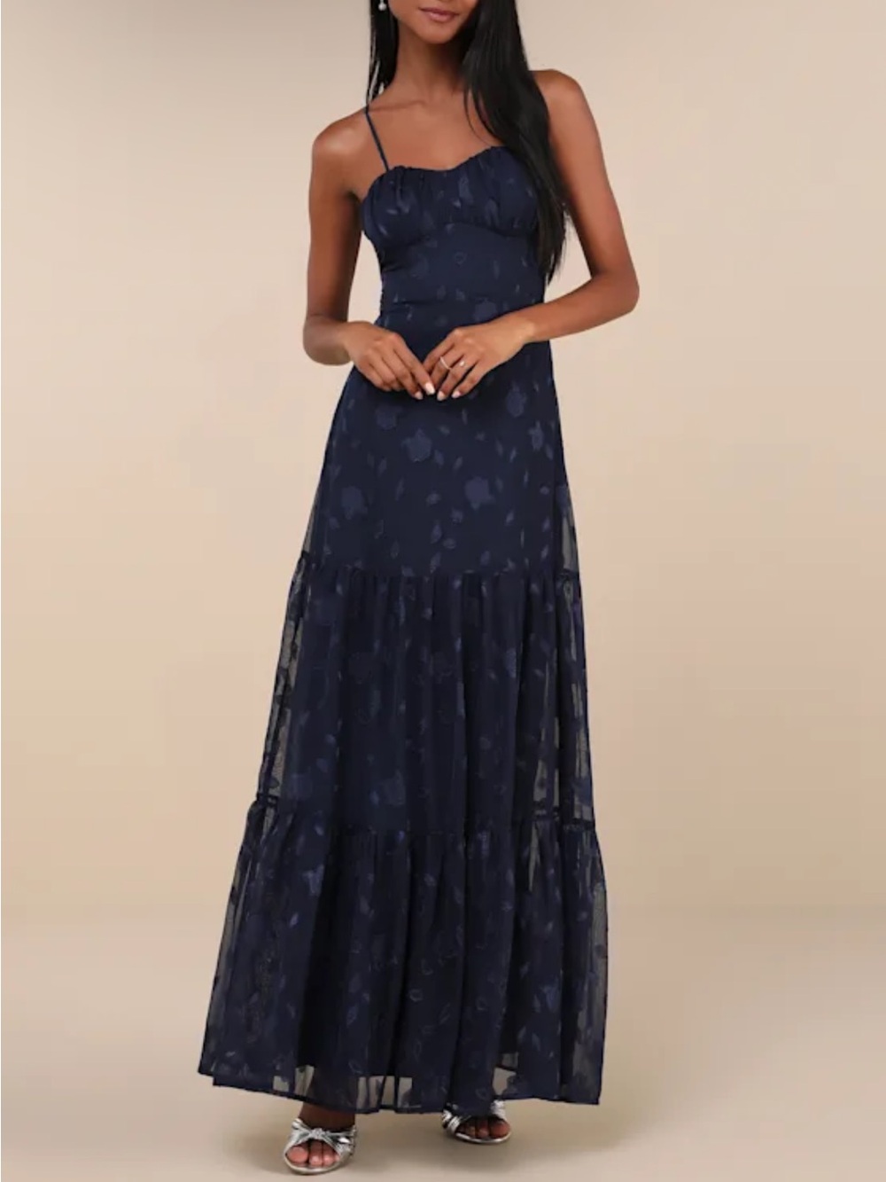 Lulu's Navy Floral Spaghetti-Strap Maxi Dress